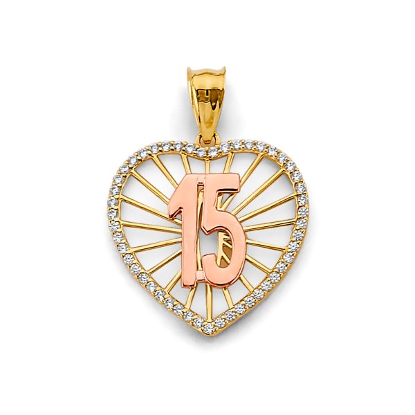 14K 2T CZ Heart 15 Years Pendant