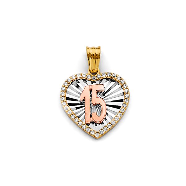 14K 3C CZ Heart 15 Years Pendant