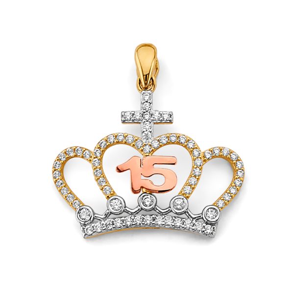 14K 3C CZ Crown 15 Years Pendant