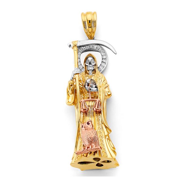 14K 3C CZ Santa Muerte 3D Pendant