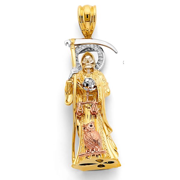 14K 3C CZ Santa Muerte 3D Pendant