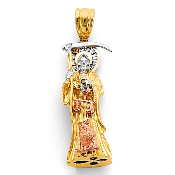 14K 3C CZ Santa Muerte 3D Pendant