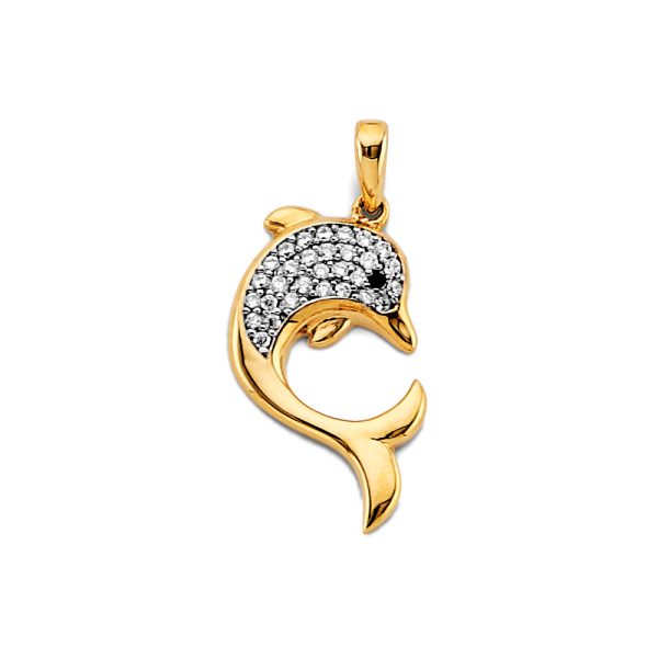 14K 2T CZ Dolphin Pendant