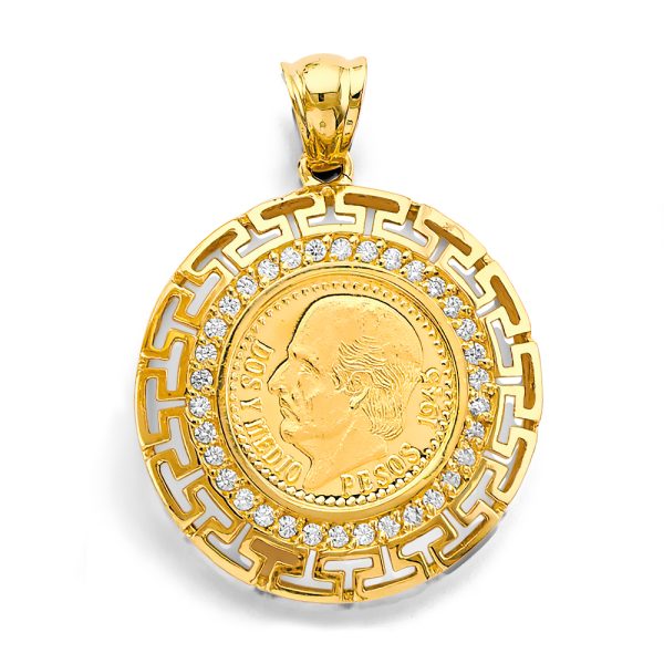 14KY CZ Greek 2.5 Pesos Coin Pendant/Set