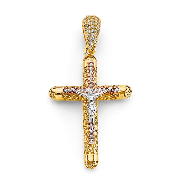 14K 2T CZ Crucifix Cross Pendant