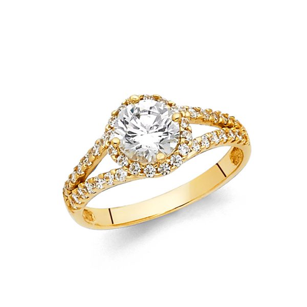 14KY Round CZ Engagement Ring with Round Side