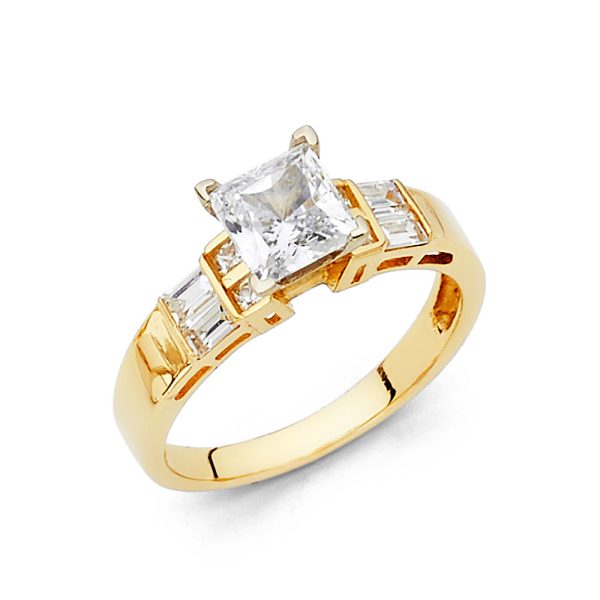 14KY Princess CZ Engagement Ring with Princess Baguette Side