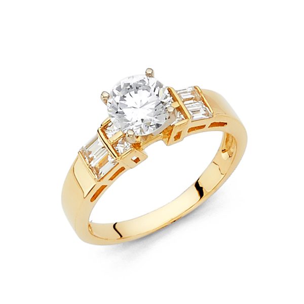 14KY Round CZ Engagement Ring with Princess Baguette Side