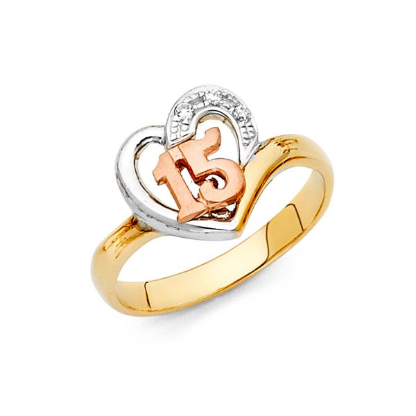 14K 3C 15 Years Heart CZ Ring