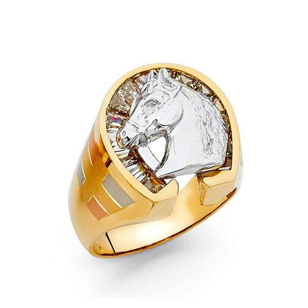 14K 2T CZ Lucky Horse Shoe Men's Ring