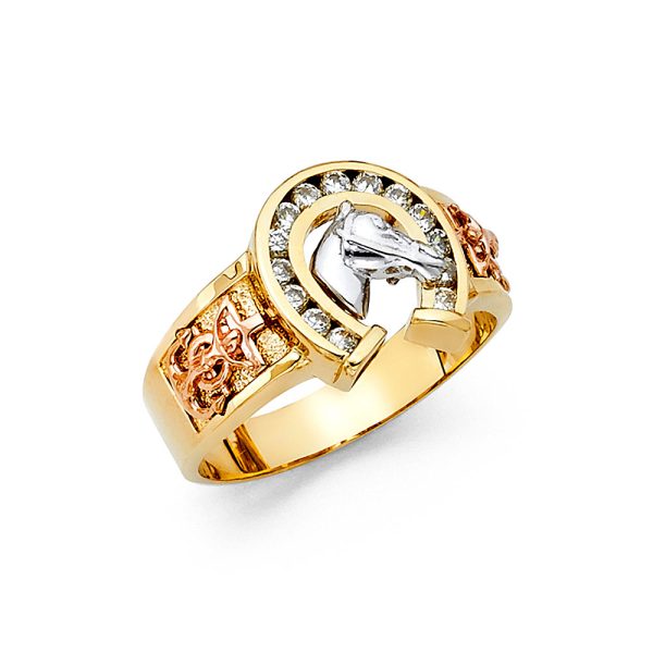 14K 3C CZ Lucky Horse Shoe Men's Ring