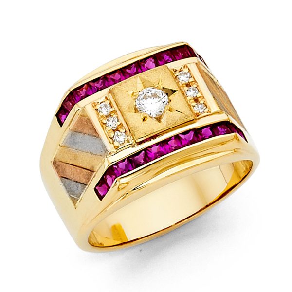 14KY CZ Men's Ring with Ruby