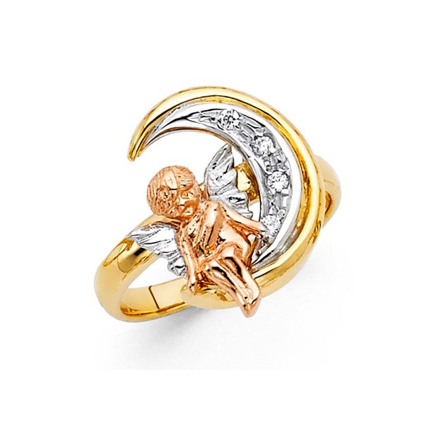 14K 3C CZ Angel & Moon Ring