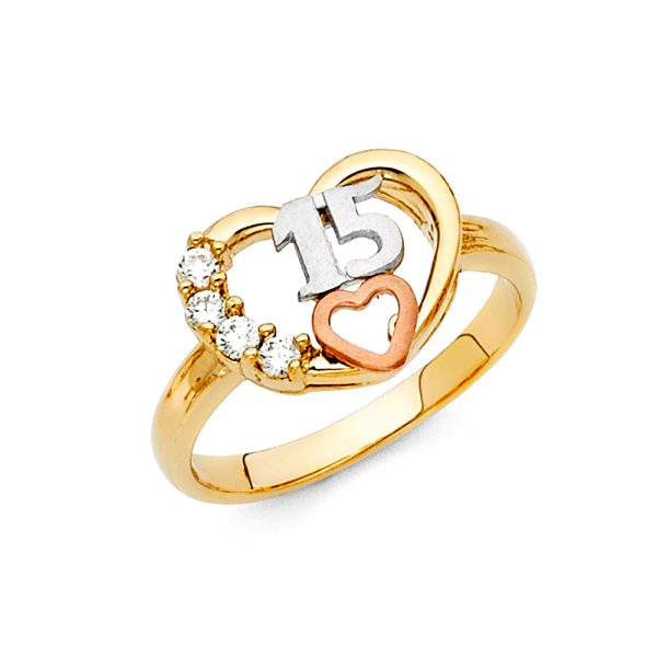 14K 3C CZ 15 Years Ring