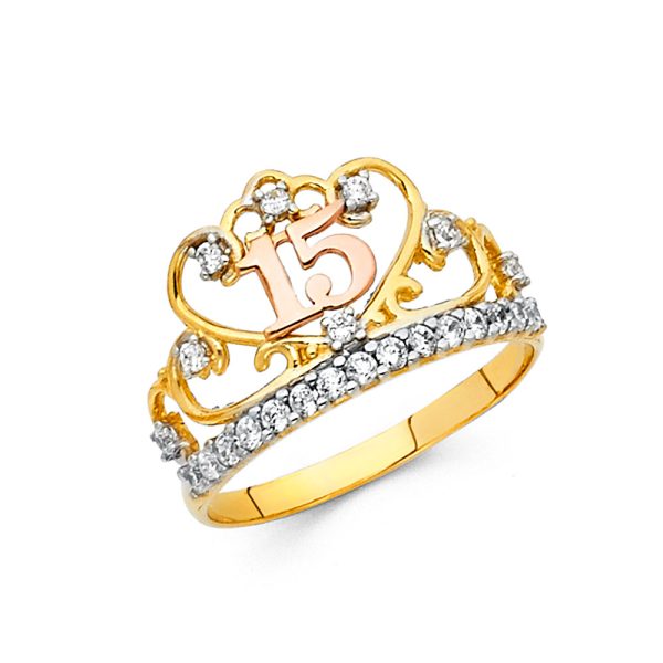 14K 3C CZ 15 Years Ring