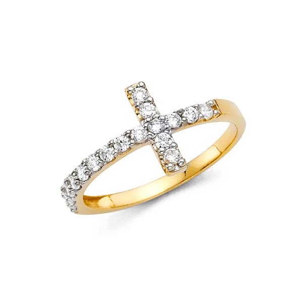 14K 2T Side Way CZ Cross Ring