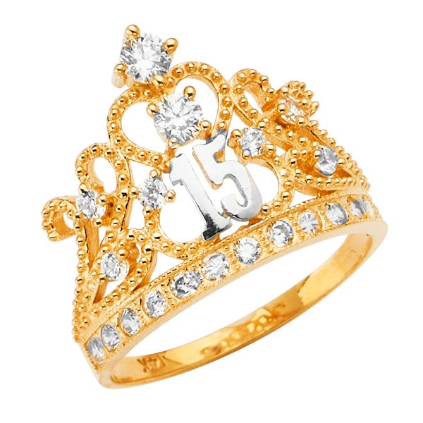 14KY CZ 15 Years Crown Ring