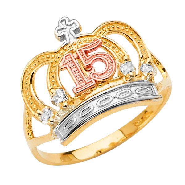 14K 3C 15 Years Crown CZ Ring