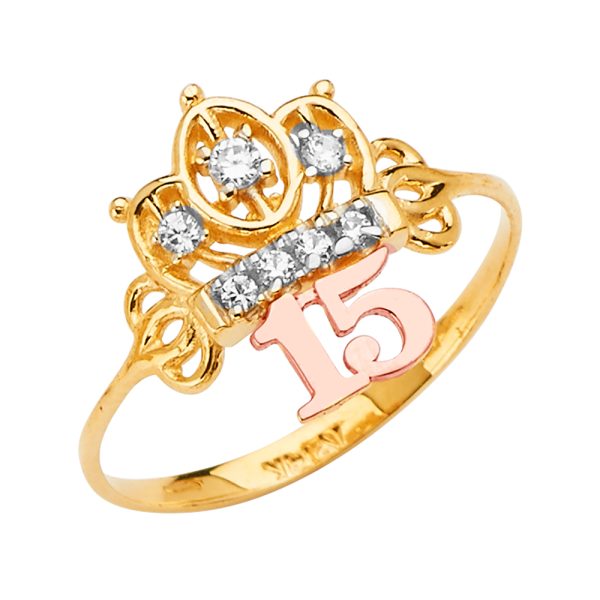 14K 3C 15 Years CZ Crown Ring