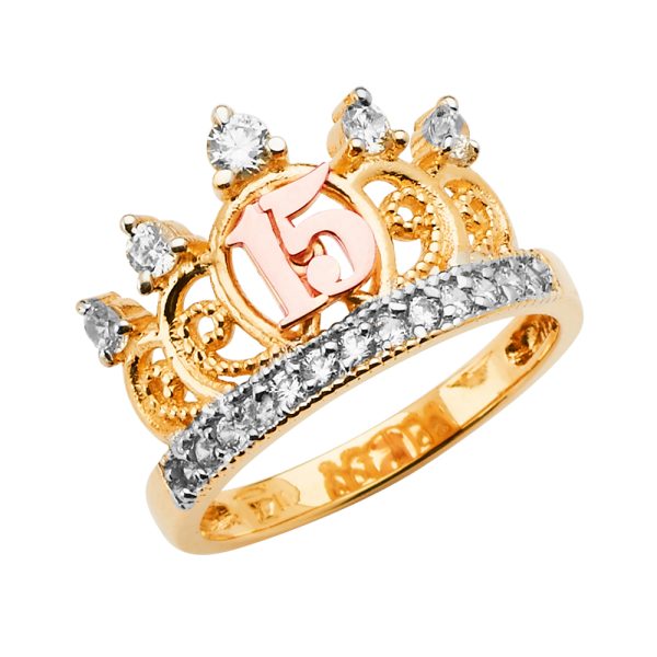 14K 3C 15 Years CZ Crown Ring