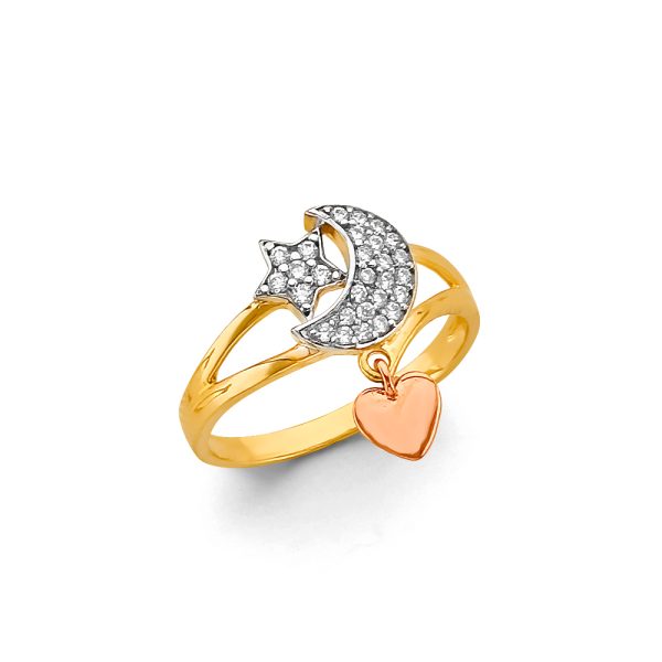 14K 3C CZ Star, Moon & Heart Ring