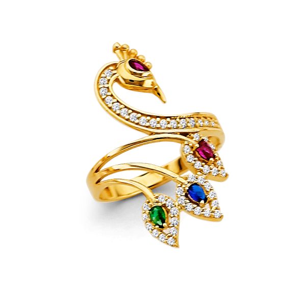 14KY Multi Color CZ Peacock Ring