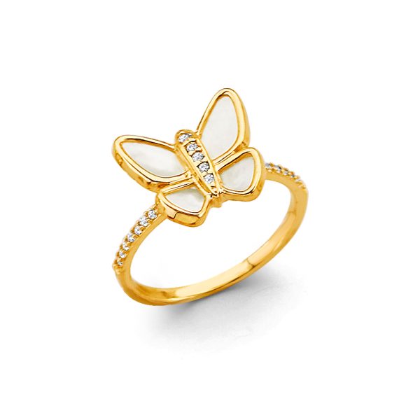 14KY Mother of Pearl Butterfly CZ Ring