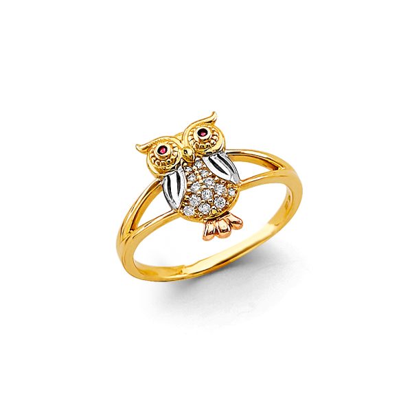 14K 3C CZ Owl Ring