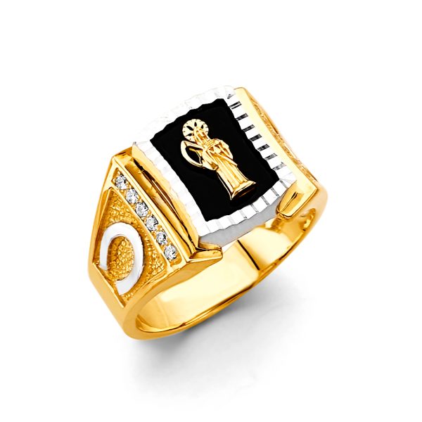 14K 2T Onyx Santa Muerte Men's CZ Ring