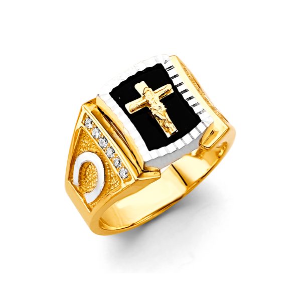 14K 2T Onyx Cross Men's CZ Ring