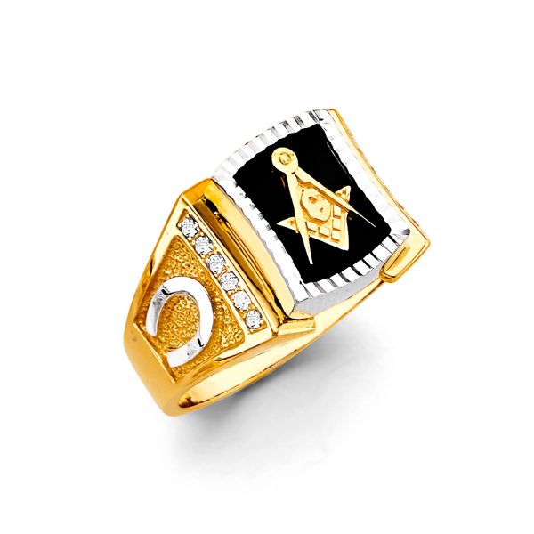 14K 2T Onyx Masonic Men's CZ Ring