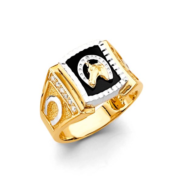 14K 2T Onyx Horse Shoe Men's CZ Ring