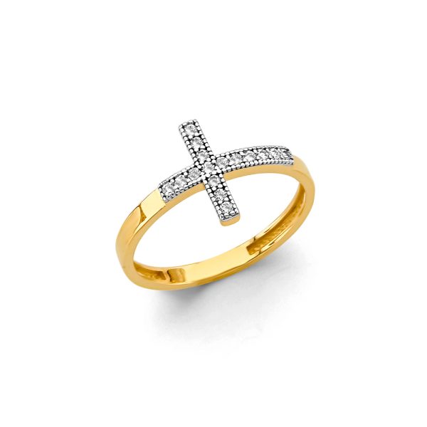 14K 2T Side Way Cross CZ Ring