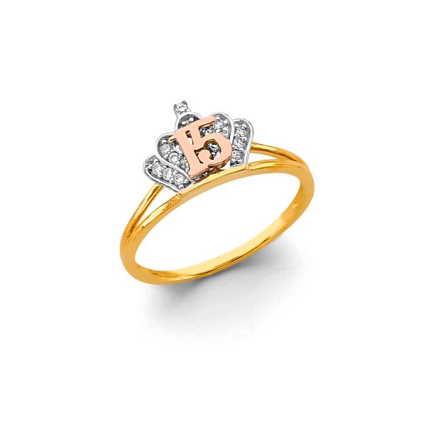 14K 2T CZ Crown 15 Years Ring