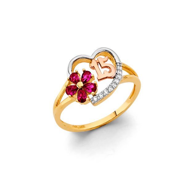 14KY Red CZ Flower 15 Years Ring