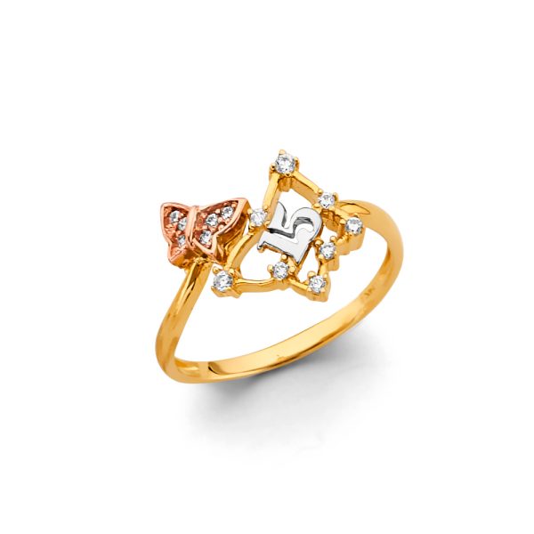 14K 3C CZ Butterfly 15 Years Ring