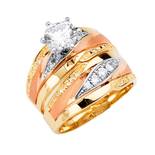 14K 3C Ladies CZ Wedding Band/Trio Set