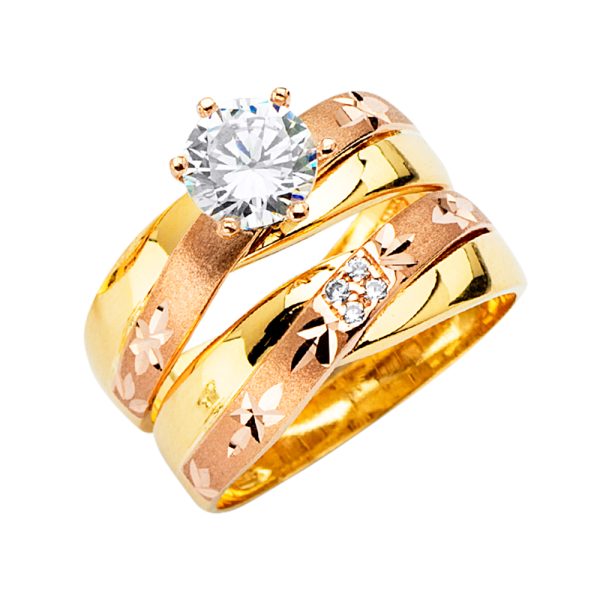 14K 3C Ladies CZ Wedding Band/Trio Set