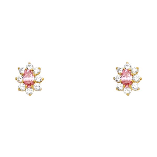 14KY Oval Flower Pink CZ Stud Earrings (ST211)