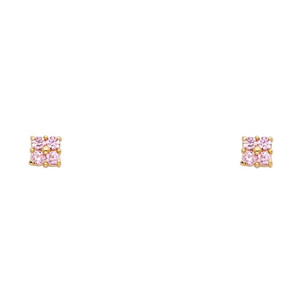 14KY Small 4 Leaf Flower Pink CZ Stud Earrings (ST216)