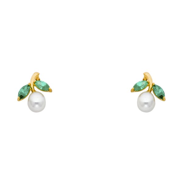 14KY Pearl+Green CZ Branch Stud Earrings (ST238)