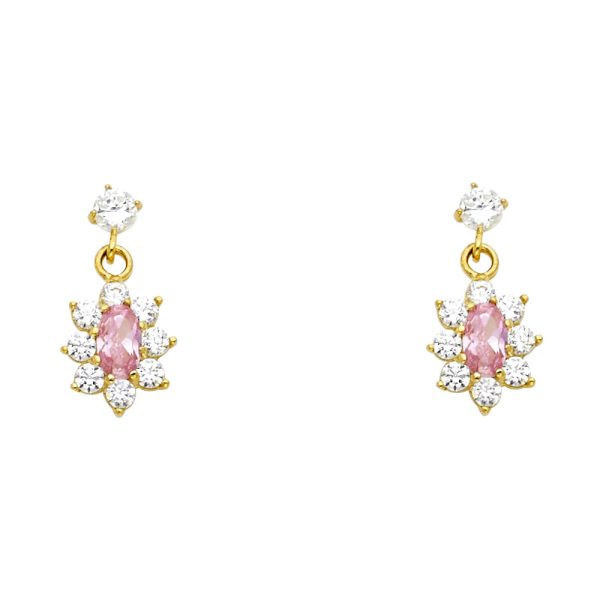 14KY Hanging Flower Pink CZ Stud Earrings (ST243)