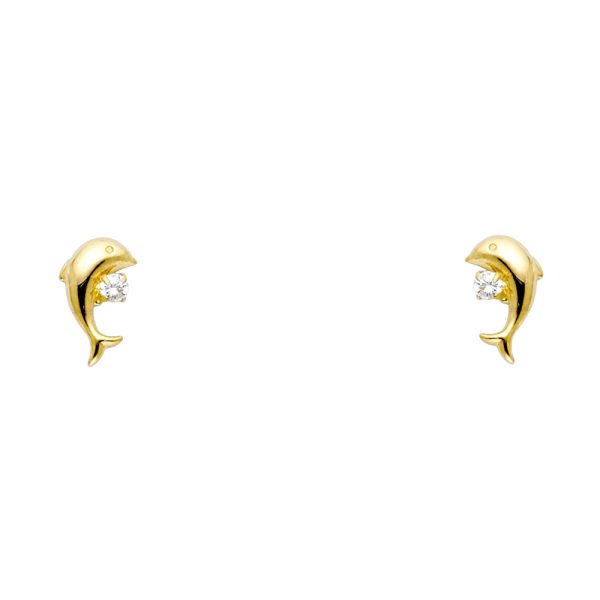 14KY Dolphin White CZ Stud Earrings (ST282)