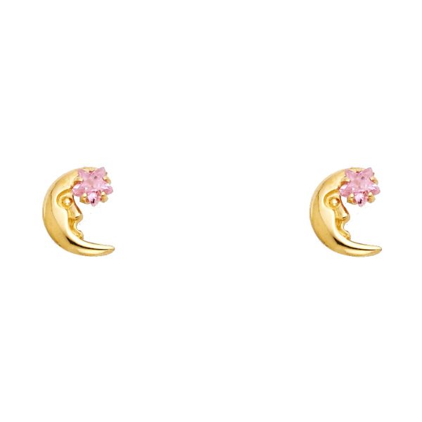 14KY Moon with Pink Star CZ Stud Earrings (ST292)