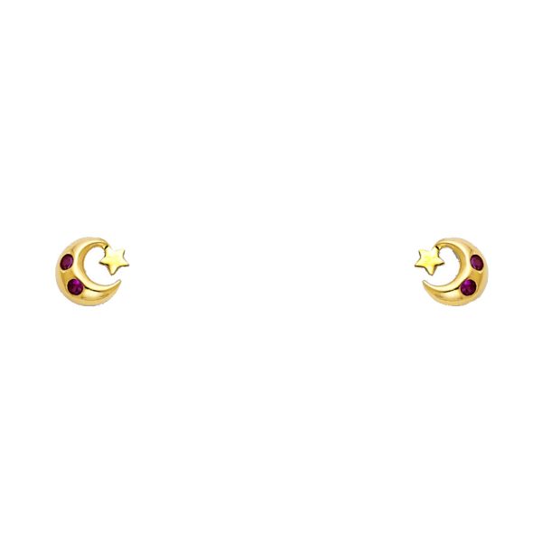 14KY Moon & Star Red CZ Stud Earrings (ST296)