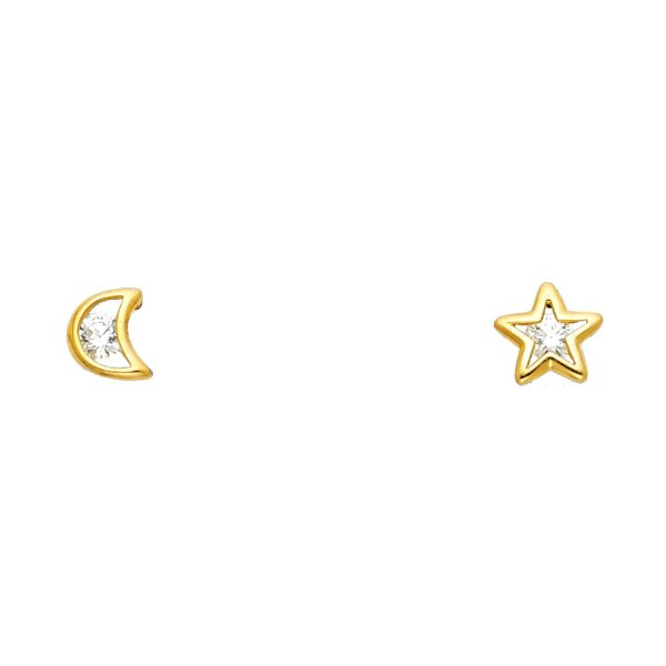 14KY Moon & Star White CZ Stud Earrings (ST299)