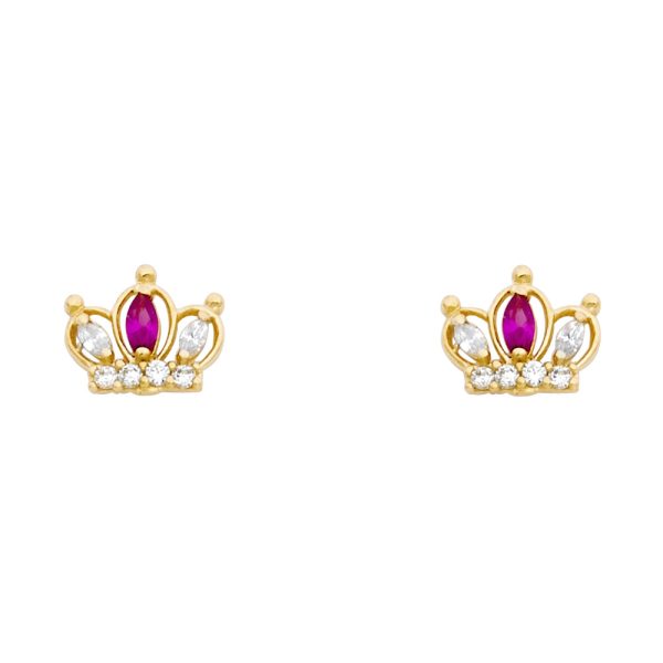 14KY Red CZ Crown Stud Earrings (ST353)