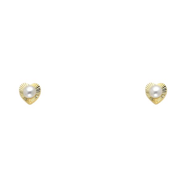 14KY 2.7mm Pearl DC Heart Screw Back Stud Earrings