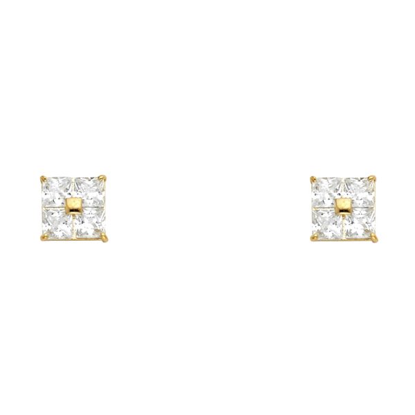 14KY Square CZ Stud Earrings with Screw Back