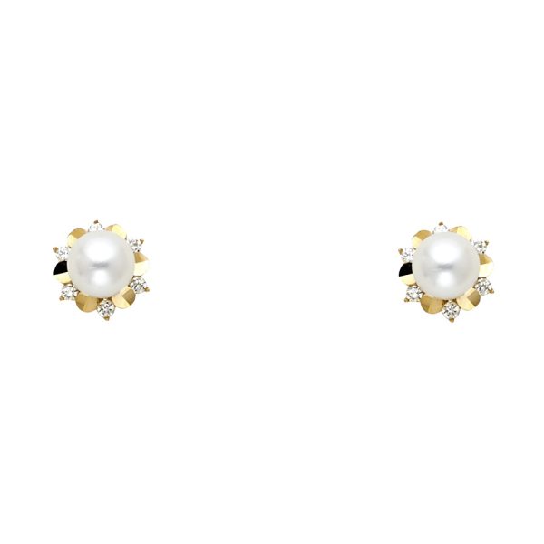 14KY Pearl CZ Stud Earrings with Screw Back